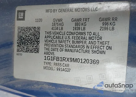 2021 Chevrolet Camaro Rwd 1Lt z USA, uszkodzony, nr VIN 1G1FB1RX9M0120369